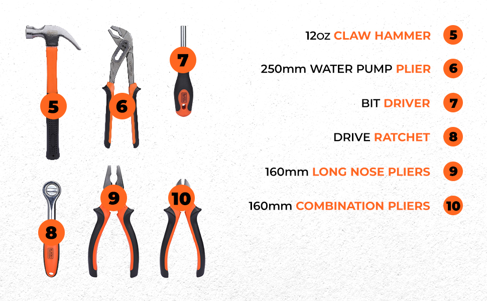 BLACK+DECKER BMT154C Hand Tool Kit for Home & DIY Use (154-Piece) - Includes Screwdriver, Wrench, Ratchet, Utility Knife, Saw, Claw Hammer, Measuring Tape and Plier, ORANGE & BLACK