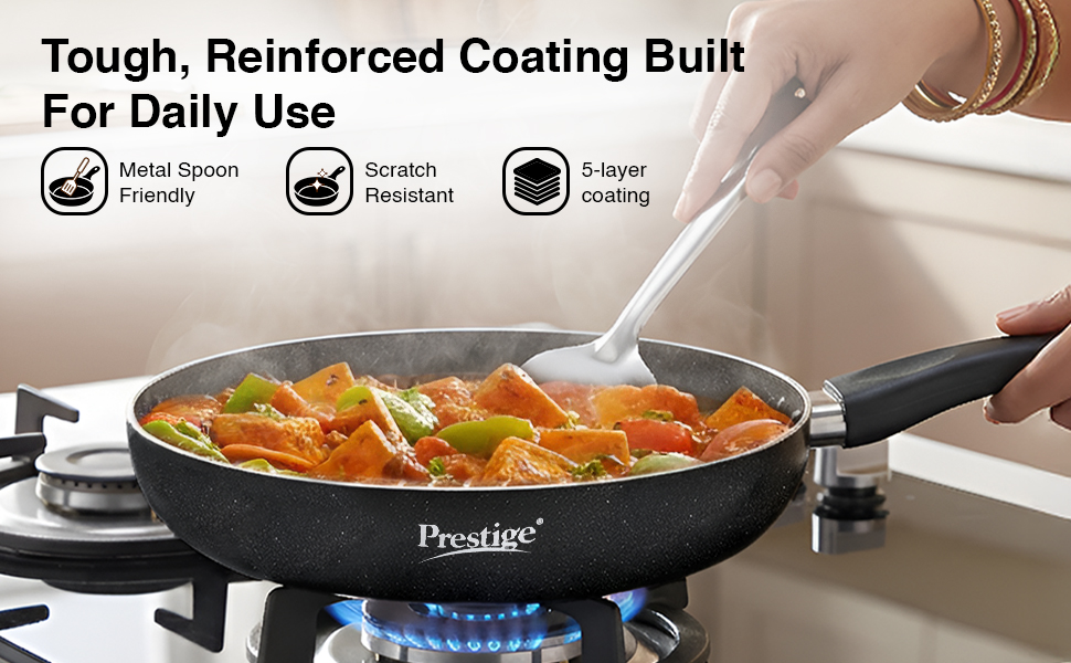 Prestige Non-Stick Omega Deluxe Granite Fry Pan with Lid | 26 Centimetre | Black | Induction Base | 5 Layer Non-Stick Cookware | Dishwasher Compatible