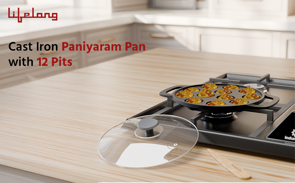 Lifelong Cast Iron Paniyaram Pan with Glass Lid, 210mm Diameter, Black, Non-Stick & Teflon Free, Induction and Gas Stove Compatible