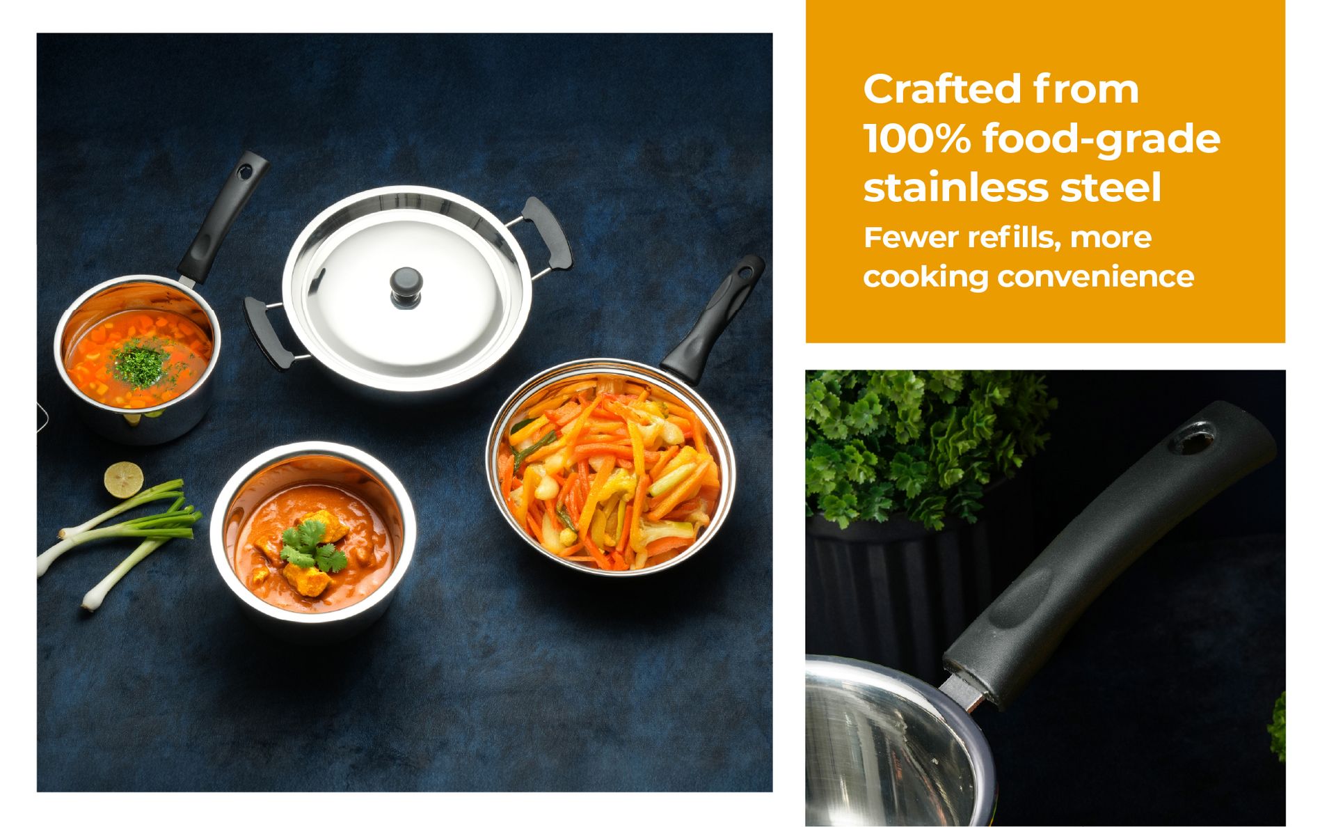 Lifelong 4 Pc Stainless Steel Cookware Set | 2.2L Kadhai with Lid 22cm | 1.4L Fry Pan 22cm | 1.2L Saucepan 14cm |1.4L Tope 16cm | Comes with Common Lid | Induction & Gas Compatible |Bakelite Handles