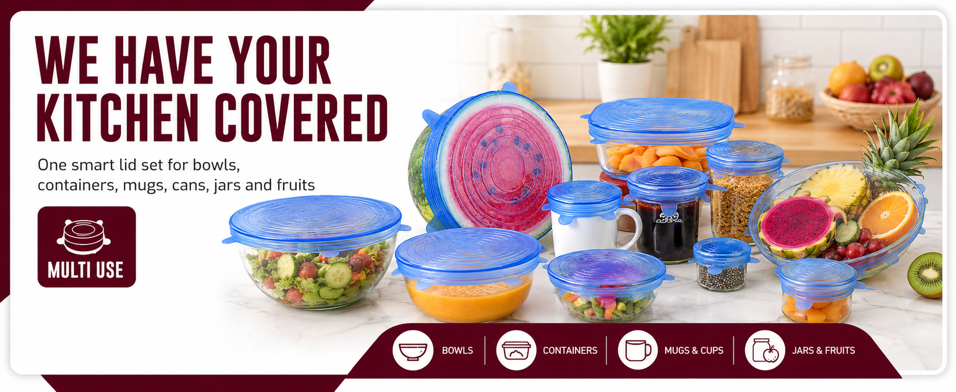 Carrot - Silicone Stretch Lids, Multi Size Reusable Silicone Lids Food And Bowl Covers, Dishwasher And Freezer Safe (Color May Vary) (Pack Of 6 Pcs), 10x10x2 Cm