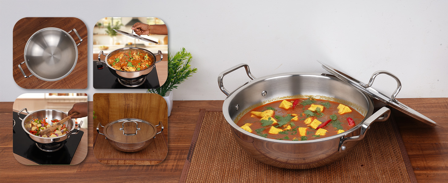 The Indus Valley Triply Stainless Steel Deep Kadai/Kadhai 2.2 LTR with Stainless Steel Lid | 20 cm/7.87 inch,1.39kg | Induction Friendly | Nonstick 3-Layer Body, 100% Pure & Toxin-Free
