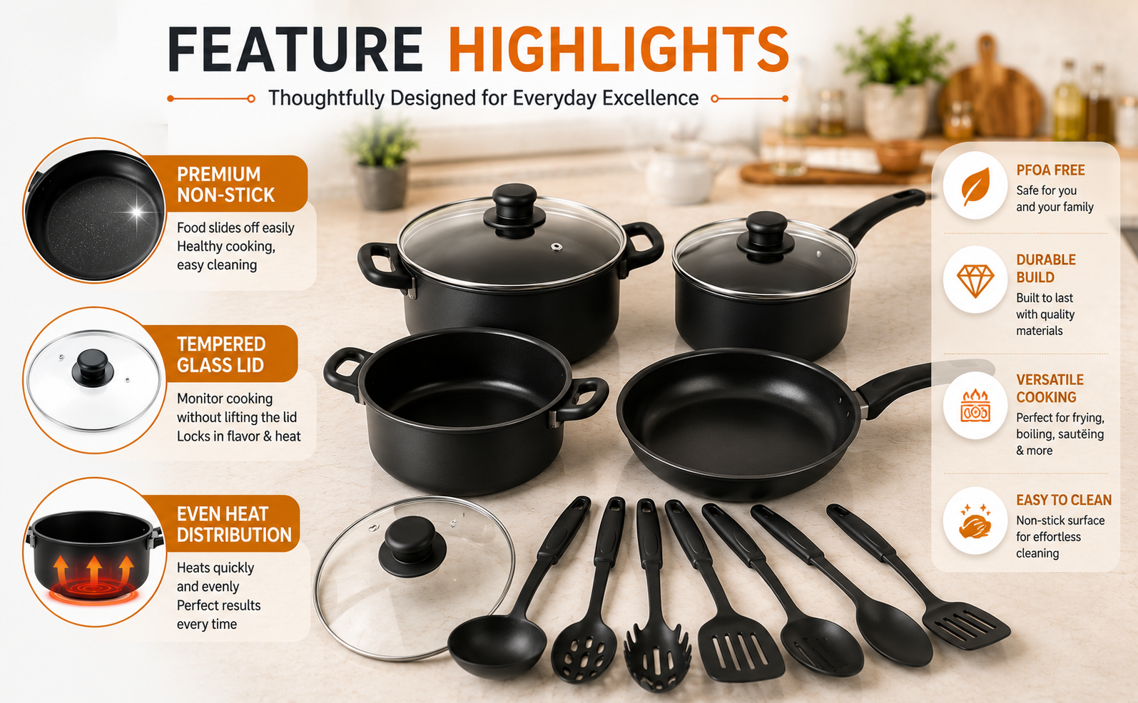 13pcs Non-Stick Iron Kitchen Cookware Set with Lids – Includes 1Pc Frying Pan, 2Pcs Casserole, 1Pc Sause Pan with 3 Lids & 6Pcs Ladle Set Induction Safe – Nylon Utensils – Beginner Cooking Set