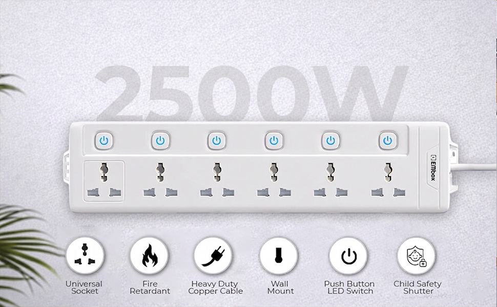 EMBOX Extension Board with Switches 2500W, 6 Universal Sockets, Individual Switch, Safety Shutter Spike Guard, LED Indicator, 2 Meter Extension Cord