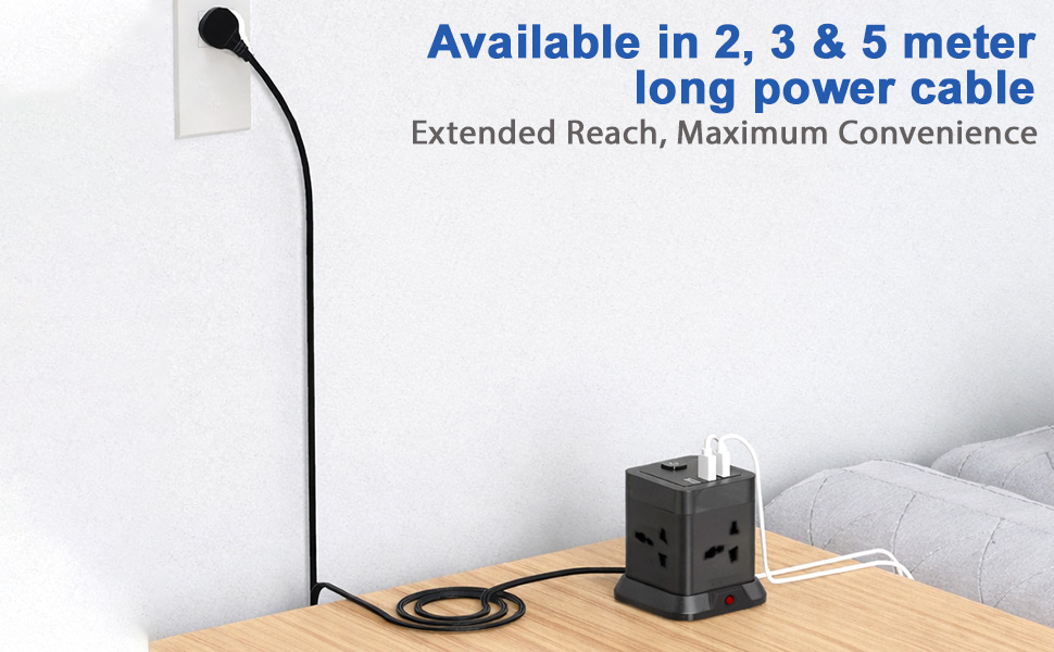 EMBOX Cube Extension Board with USB Type C (2.4 A) (QC 3.0) | 2500W Heavy Duty Extension Board with Switches | Extension Cord with Universal Sockets Safety Shutter & Overload Protector, 2 Meter