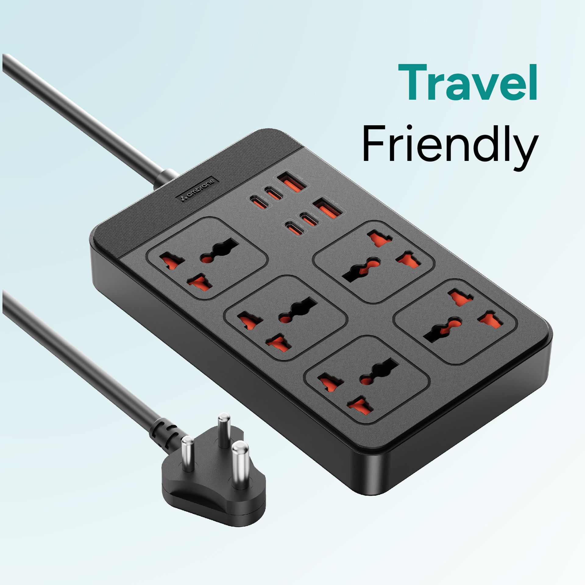 Ambrane Extension Board, 4 Type C, 2 USB, 5 International Power Sockets, 2500W Output, Long Cable, Wall Mount Option, Supports Laptop Charging for Office, Home Appliances (SmartStrip 2 Pro, Black)