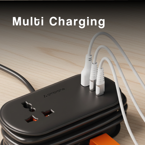 Ambrane Foldable Extension Board, 2 Type C & USB, Perfect for Office, Kitchen, Travels, Charge 4 Devices, Compact Size, AC Socket 2500W, 20W Fast Type C Charging, 1.5m Long Cable (Smartstrip 3 Black)