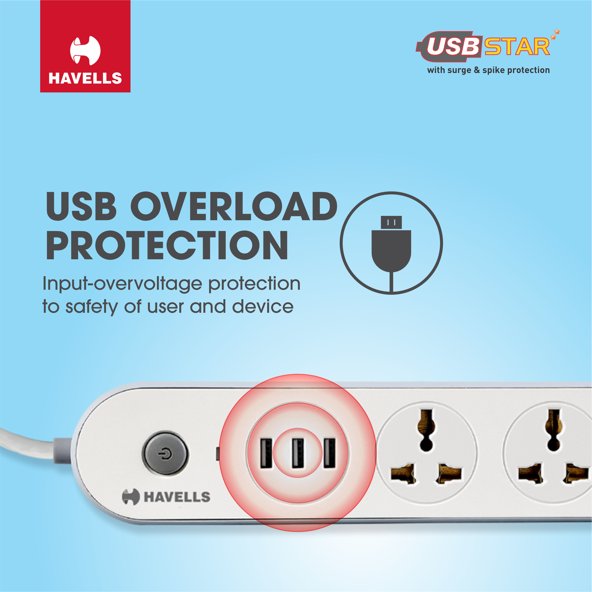 Havells USB Star - 3+1 Extension Board| 1.5Mtr Copper ISI Certified Wire | Surge and Spike Protection | 3 Universal Sockets and 3 USB Ports, 3.1 Amp| 6A, 240 V AC | LED Indicator | Home & Office Use