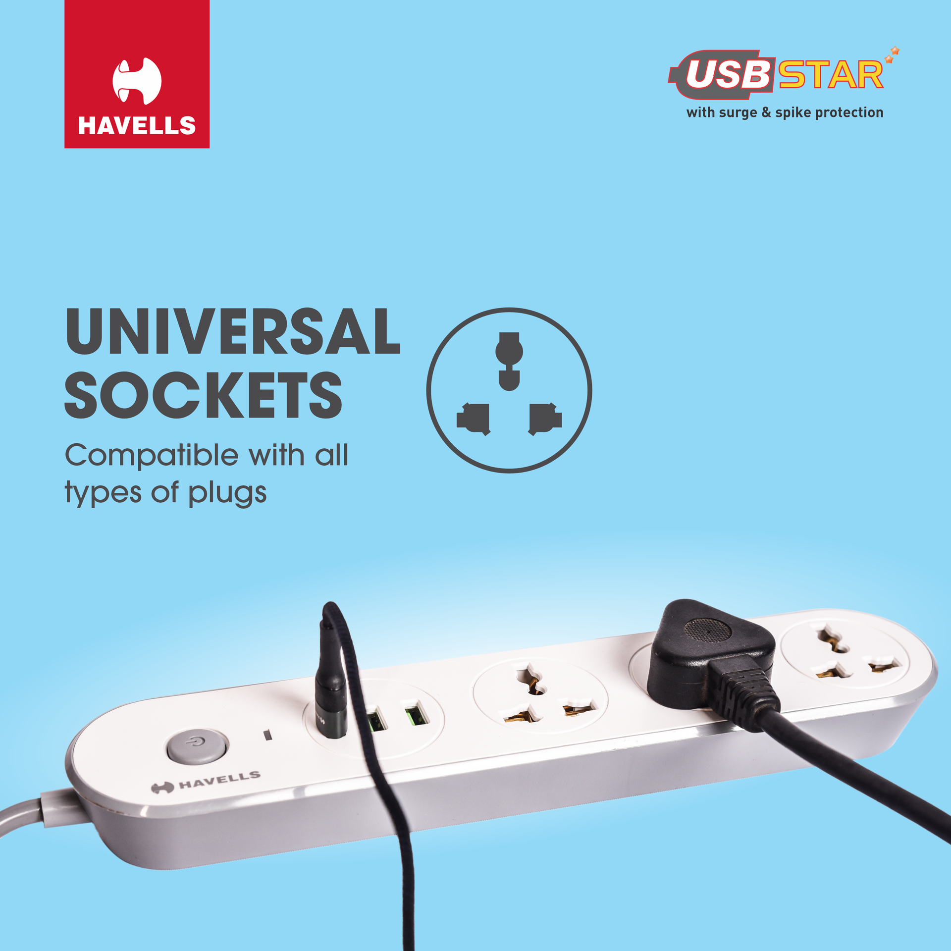 Havells USB Star - 3+1 Extension Board| 1.5Mtr Copper ISI Certified Wire | Surge and Spike Protection | 3 Universal Sockets and 3 USB Ports, 3.1 Amp| 6A, 240 V AC | LED Indicator | Home & Office Use