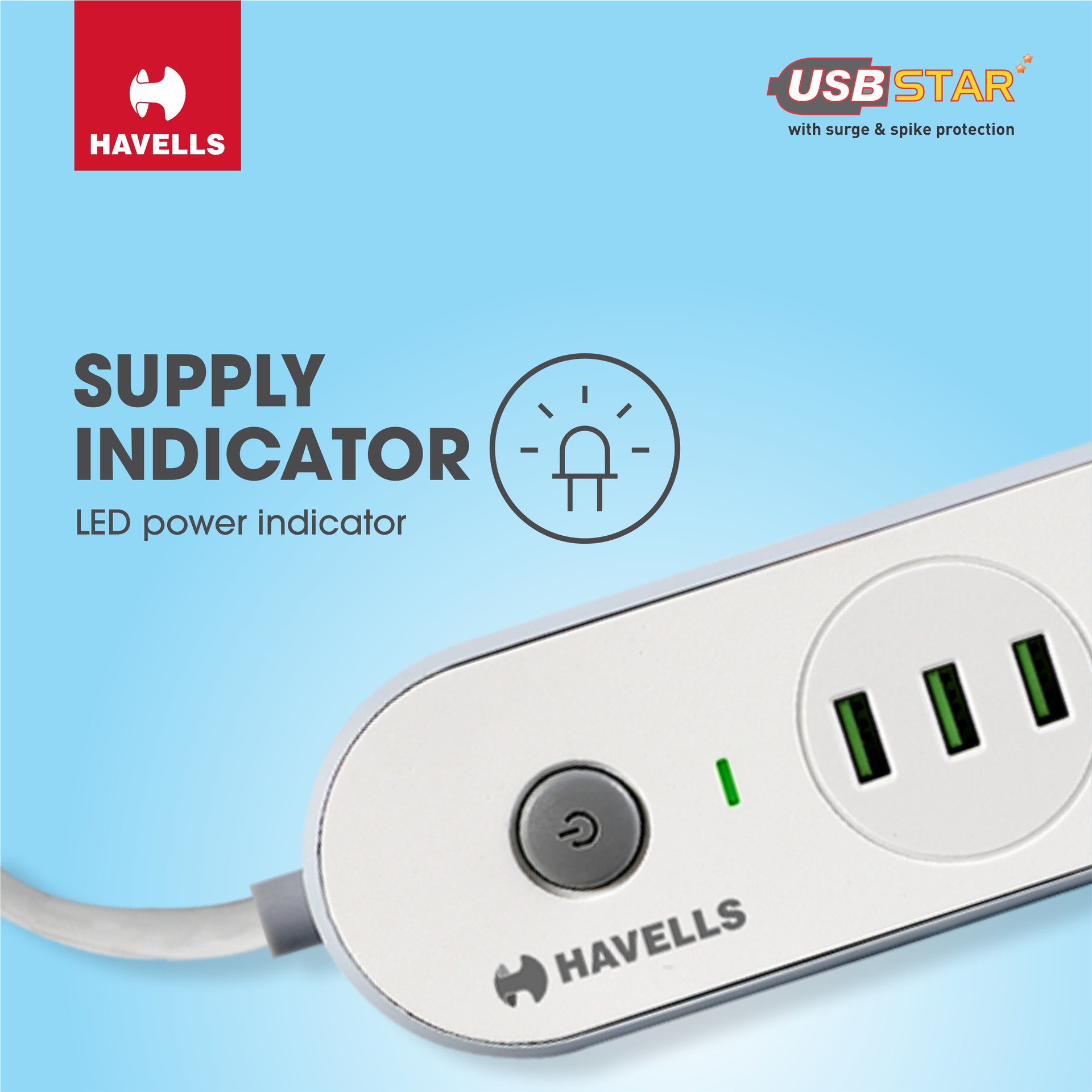 Havells USB Star - 3+1 Extension Board| 1.5Mtr Copper ISI Certified Wire | Surge and Spike Protection | 3 Universal Sockets and 3 USB Ports, 3.1 Amp| 6A, 240 V AC | LED Indicator | Home & Office Use