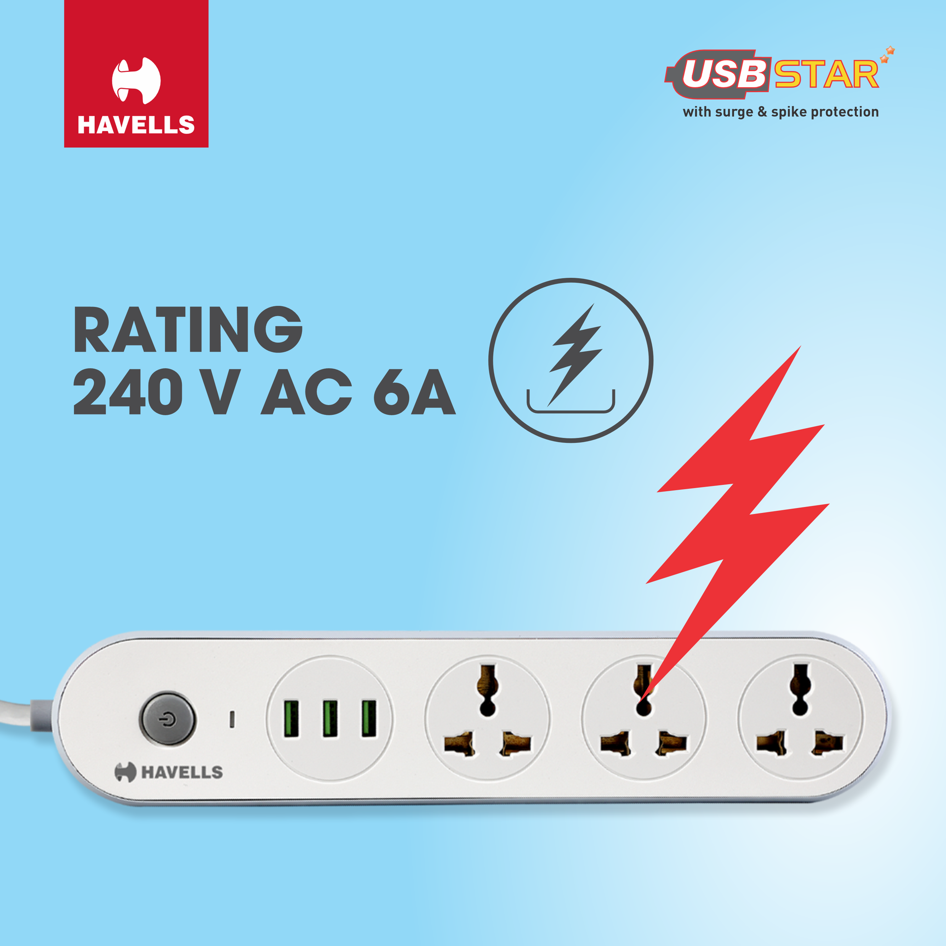 Havells USB Star - 3+1 Extension Board| 1.5Mtr Copper ISI Certified Wire | Surge and Spike Protection | 3 Universal Sockets and 3 USB Ports, 3.1 Amp| 6A, 240 V AC | LED Indicator | Home & Office Use