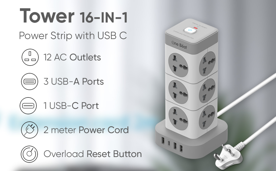 One Beat Tower Extension Boards with USB Port with Universal Sockets and Charging Ports with Indicatori Plug Socket (12 Socket + 3 USB + 1 Type C), 250 Volts, White
