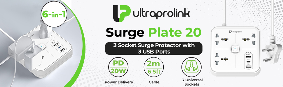 UltraProlink 6 in 1 Extension Board Power Strip Multi-Port| ISI Approved Heavy Duty Cable-2m| 6 Ports-1 Fast Charge Type-C(PD 20W) 2 USB-A Ports & 3 AC Sockets|Charging iPhones 50% in 30 mins