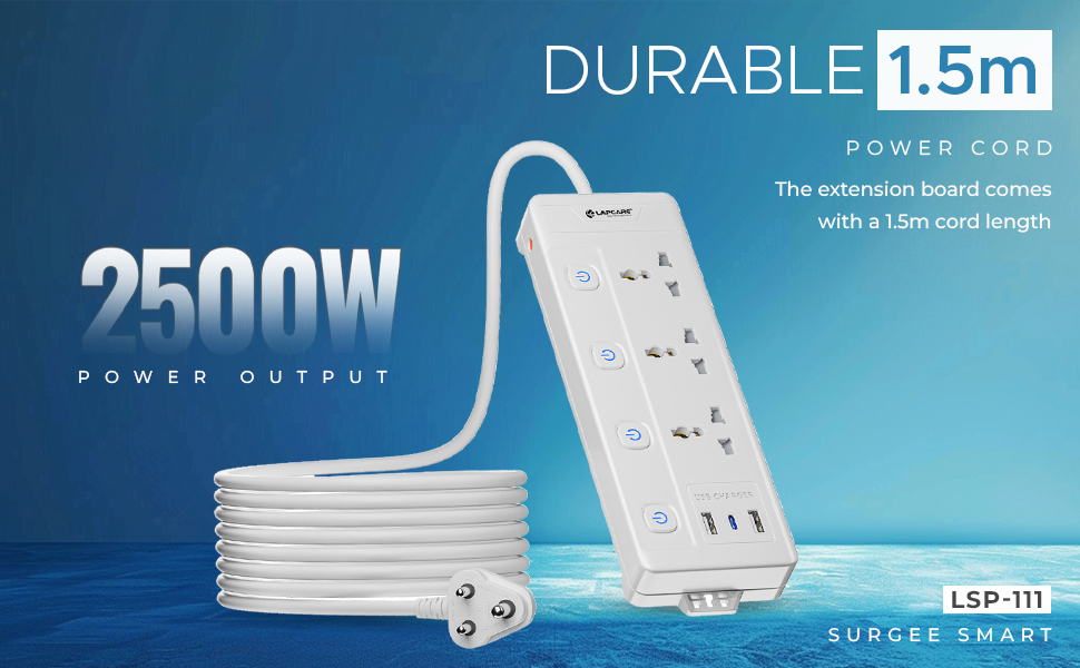 Lapcare Smart Surge Protector with Individual Switch, 250 Volts Extension Board, 3AC Socket 2500W, PD 20w & 2xUSB, 1.5M Copper Cord, Overload Protection, Safety Shutter, Durable PP Body