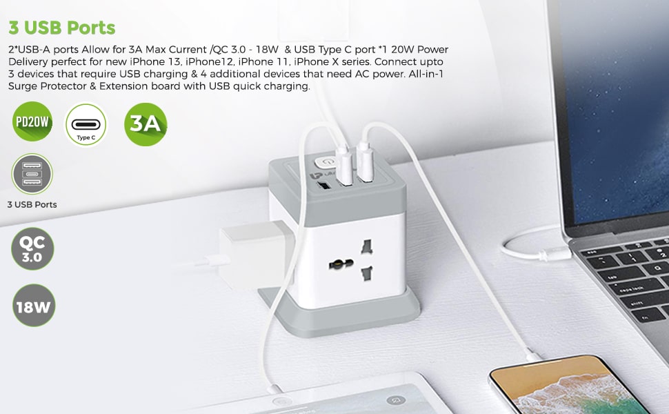 UltraProlink 7 in 1 Cube Extension Board Power Strip Multi-Port | ISI Approved Heavy Duty Cable-2m |7 Ports-1 Fast Charge Type-C(PD 20W),2 USB-A Ports & 4 AC Sockets | Charges iPhone 50% in 30 min
