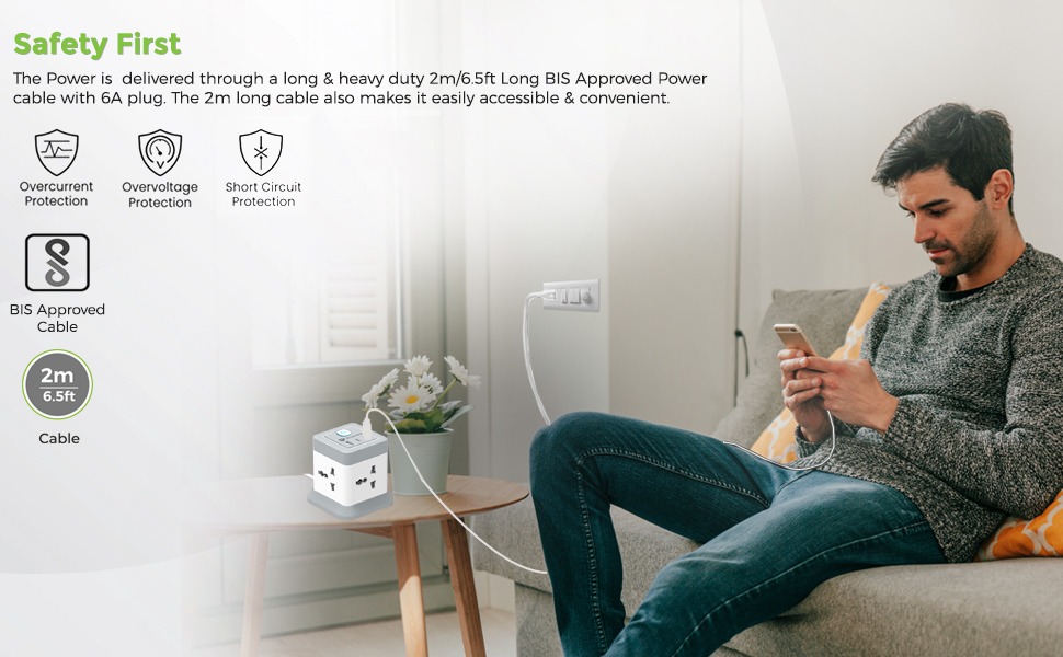 UltraProlink 7 in 1 Cube Extension Board Power Strip Multi-Port | ISI Approved Heavy Duty Cable-2m |7 Ports-1 Fast Charge Type-C(PD 20W),2 USB-A Ports & 4 AC Sockets | Charges iPhone 50% in 30 min