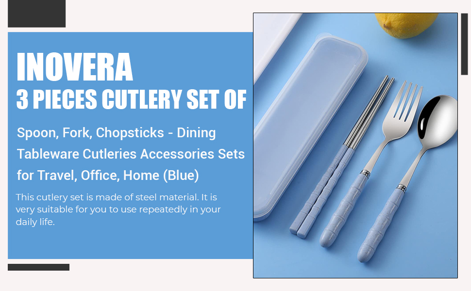 INOVERA (LABEL) 3 Pieces Cutlery Set of Spoon, Fork, Chopsticks - Reusable Tableware Cutleries with Case - Dining Accessories Sets for Travel, Office, Home (Blue)