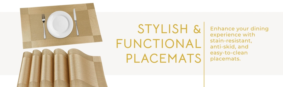 P-Plus International Placemats Set of 6 Dining Table Place Mats | Placemats Table Mat PVC Material | Non-Slip Heat Resistant | Dining Tablemates Washable Anti-Skid | Size 45 x 30cm (Gold) Vinyl