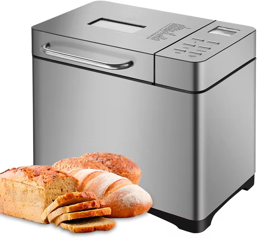 Kitchen Bread Maker Machine, 1KG Stainless Steel Bread Machine with Nonstick Ceramic Pan, 17 Customized Automatic Programs and 15h Timer, One Button Control, for Knead Ferment and Bake