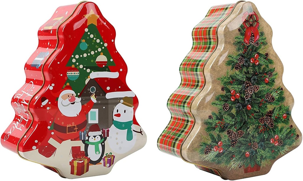Christmas Tree-Shape Tin Box Set of 2 Cookie Candy Storage Containers For Holiday Decorative