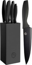 MasterChef Knife Set with Block, 6 Kitchen Knives and a Universal Knife Holder, Extra Sharp Stainless Steel Blades for Precise Cutting with Non Stick Coating & Soft Touch Easy Grip Handles, Black