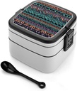 Unique Aztec Pattern Bento Box with Spoon, 2-layer Stackable Lunch Box Leak Proof with Invisible Handle, Insulated Food Storage for Office, Picnic & Travel