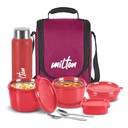 강철 칼붙이, 3개의 마이크로파 안전한 안 강철 콘테이너 (180 ml, 320 ml, 450 ml)를 가진 MILTON 직업적인 도시락, 플라스틱 Chutney Dabba, 100개 ml의 병, 격리된 부대, 사무실 Tiffin, Maroon를 가진 750 ml