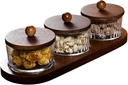 Round Glass Snackle Box Container Snack Organizer and Fruit Platter with Acacia Wood Lids and Tray Divided Serving Tray for Nuts Candy Dry Fruits (3 Jars)