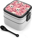 Cherry Flowers Skulls Stackable Bento Box for Adults Double Layer Lunch Boxes Set with Spoon And Invisible Handle