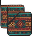 Ethnic Geometric Pattern Pot Holders Set of 2 Kitchen Heat Resistant Potholder Non-Slip Cotton Lining Oven Hot Pads for Microwave Cooking Baking BBQ