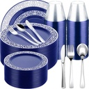 Norme 300 Pieces Disposable Plastic Dinnerware Set, 100 Plastic Plates, 150 Knives, Forks and Spoons with 50 Rimmed Cups for 50 Guests Wedding Party Supplies(Blue Silver)