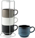 Hasense Coffee Mug Set of 4 with Holder - 15 oz Stackable Large Ceramic Ribbed Latte Cup Set for Cappuccino, Tea, Hot Cocoa, Drinks - Dishwasher & Microwave Safe Multi color