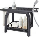 2-Tier Bamboo Shower Bench for Inside Shower Shaving Legs, 25 Inch Waterproof Bathroom Bench Shower Stool with Storage Shelf, Safe & Stable for Seniors Adults Disabled Women (Black)