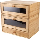 IZLIF Bamboo Bread Box for Kitchen Countertop Stackable 2 Layer Bread Storage Container with Window and Silverware Utensil Drawer Organizer,Natural