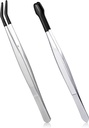 2 Pcs Black Rubber Tipped Tweezers, Tipped Coated Precision Tweezers Set Rubber Flat Tip Long Bent Tweezers for Crafts Stamps Coins Jewelry Industrial Electronic Lab