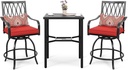 NUU GARDEN 3 Piece Swivel Bar Sets with Padded Cushions and Extra Pillows, High Bistro Sets with 2 Outdoor Bar Stools and 1 Square Bar Table, for Patio, Garden, Backyard, Black & Red