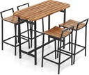 Tangkula 5 Piece Acacia Wood Bar Table Set, Outdoor Bar Height Table & Chairs with Metal Frame & Footrest, Patio Bar Table Set for 4, Patio Furniture Bistro Set for Deck, Garden & Poolside