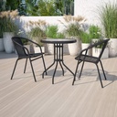 Flash Furniture Lila 23.75'' Round Glass Metal Table with 2 Black Rattan Stack Chairs