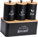 Kitchen Canisters Set Coffee Tea Sugar Storage Kitchenware with Lid Counter Bread Box Food Storage Container for Bakery, Black