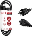 6ft Black Extension Cord, 16/3 SJTW Heavy-Duty, 3-Prong Grounded Plug, Weather-Resistant Power Strip Cable, UL Listed, 13 Amp/1625 Watt Capacity, 6-Foot Extension Cords for Indoor & Outdoor Use