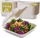 brheez Disposable Clamshell To-Go Containers – Bagasse Fiber Biodegradable Containers with Lids for Takeout, Parties, & Holidays – Pack of 50 Chemical-Free, 1-Compartment Boxes, 9"x9", White