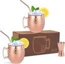 Moscow Mule Mugs Set of 2 – Hammered Copper Cups with Stainless Steel Lining, 2 Straws & Jigger – Barware Gift Set for Cocktails, Weddings, Home Entertaining